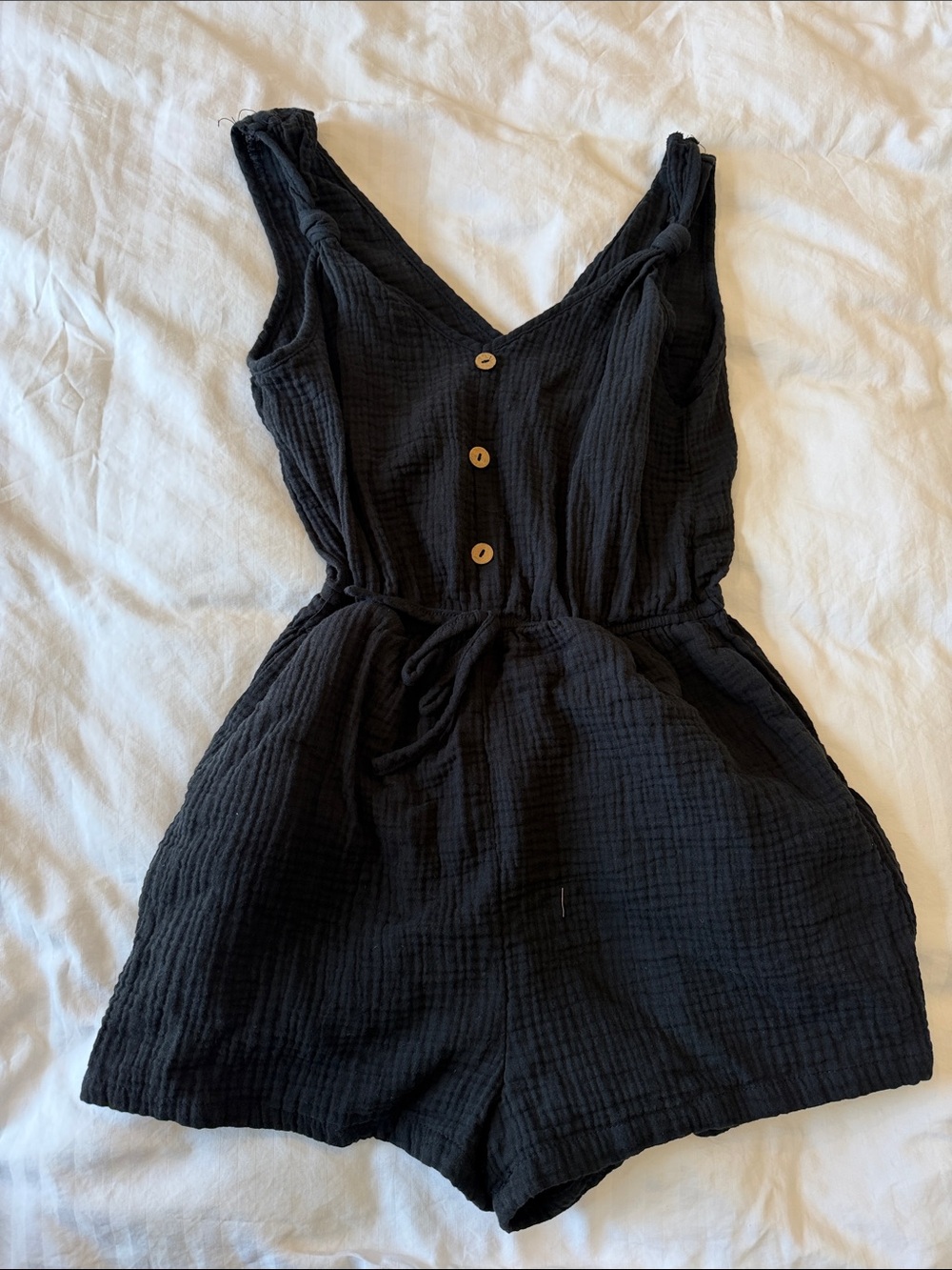 Kids Black Gauze Button-Front One-Piece Romper